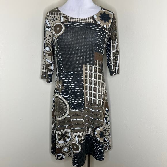 Sharon London Lucia Swing Dress Large Brown Knitted Mini Abstract Artsy Boho Geo - Picture 1 of 7